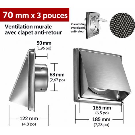 Grille d'aération murale 70 mm inox 304 avec clapet anti-retour et grille 70mm réf 7721 19 × 18,5 × 12 cm 458 g – Livraison gratuite