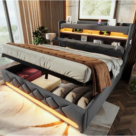 Letto a cassone 140x200 cm, letto adulti con porta USB e USB-C, illuminazione LED con telecomando, rivestimento in lino, grigio, senza materasso (1/5)