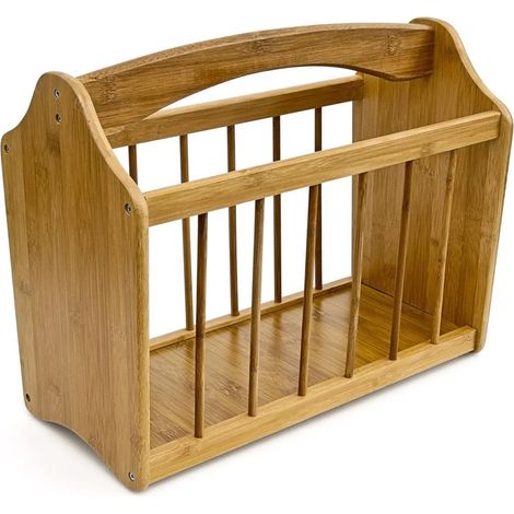 Porte-revues Relaxdays en bambou robuste avec poignée, peu encombrant, idéal pour ranger journaux, magazines et jeux de mots croisés. Dimensions (H x L x P) : 33 x 42 x 21 cm, finition naturelle. (1/5)