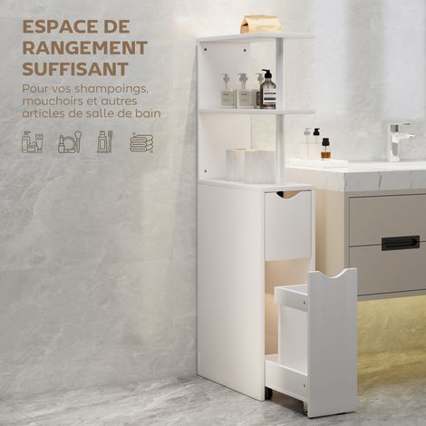 Meuble bas de salle de bain avec tiroir sur roulettes – 2 étagères ouvertes – Dimensions 20 x 45 x 115 cm – Finition blanche