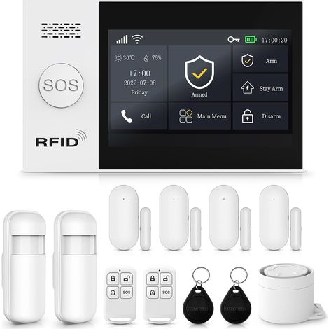 Écran Tactile Complet 4,3" WiFi Alarme Maison sans Fil, 4G Systeme Alarme Maison, Alarme Maison avec 120db Sirène, 12 Pièces: Détecteur de Mouvement, Télécommandes, Capteurs de Fenêtre et de Porte (1/5)