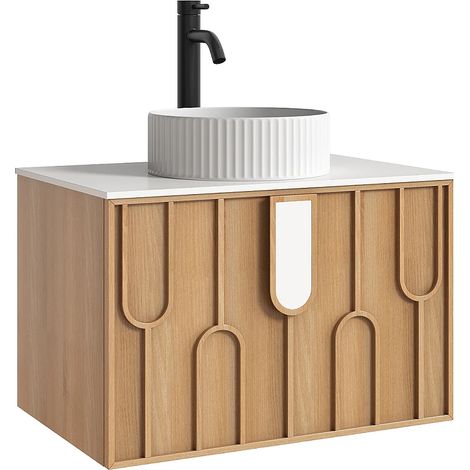 Mobile bagno testurizzato sospeso con lavabo da appoggio rotondo scanalato e rubinetto Naturale chiaro L75 cm - MERKAN (1/5)
