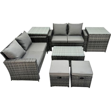Fimous PE Rattan Garden Furniture Set Lounge Double Seat Sofa Coffee Table Set with 2 Small Stools Dark Grey MixedMixed (1/5)