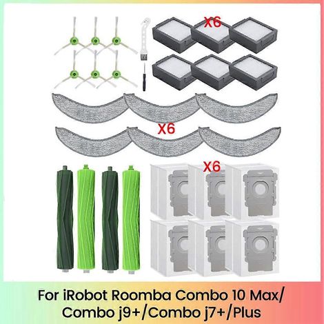 Pièces détachées pour aspirateurs iRobot Roomba Combo 10 Max, Combo J9+ et Combo J7+/Plus : brosses en caoutchouc, filtres de nettoyage, brosse latérale et sacs à poussière. (1/5)
