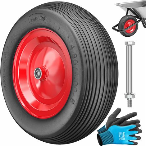 MASKO® PU Schubkarrenrad Vollgummi 200 kg pannensicher 4.80/4.00-8 Ø 390mm inkl. Achse Ersatzrad Gummirad Stahlfelge Reifen pannensicher für Schubkarre   Schwarz / Rot