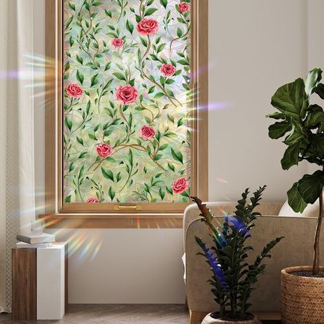 Pellicola decorativa per finestre 45 x 200 cm, pellicola per la privacy con motivo floreale, bifacciale, adesivi statici per vetri con motivo di rose verdi rampicanti per finestre (1/4)