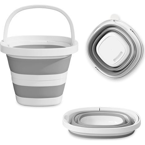 (Blanc Gris) Seau Pliable, 10 litres Grande capacité Seau Plastique avec poignée, Solide et Durable, Peu encombrant, Facile à Transporter, Convient pour Nettoyage, Camping, pêche, Voyages. (1/5)