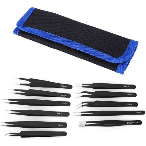 11 Pièces Pince de Précision Sac Toile Ensemble Acier Inoxydable Droit Courbe Anti-Statique Outil ESD (1/5)