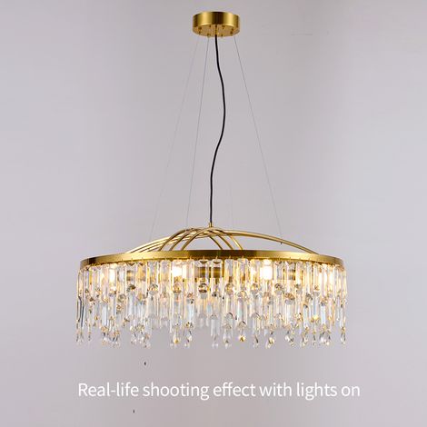 Luxus Kristall Haengeleuchte Gold 50 cm runde Pendellampe mit Kristallbehang und 8x E14 hoehenverstellbar elegante Deckenleuchte fuer Esszimmer
