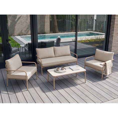Conjunto de sofá y mesa de 4 plazas con estructura de acero y cojines de tejido repelente al agua con fundas extraíbles beige claro Nesso (1/5)