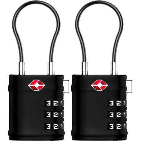Cadenas Valise, Cadenas Valise Avion à 3 chiffres Câble Flexible pour Valise, Cadenas Sac à Dos, Ouverture en un Clic et Boîte Cadeau (Noir-Argenté, 2 pièces) (1/5)