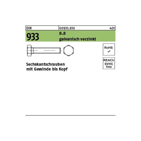 DIN 933/ISO 4017 Sechskantschraube VG M27x60 Stahl 8.8 galvanisch verzinkt 10 Stk