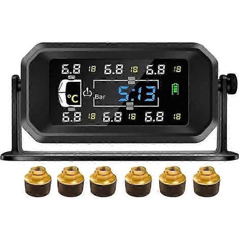 Système de surveillance de la pression des pneus (TPMS) pour voitures, camping-cars et camions : capteur solaire pour 6 roues, horloge, affichage de la pression d'air et alarme B HF. (1/5)