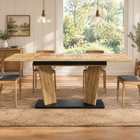 Mesa de comedor extensible 120-160 x 80 cm en MDF y metal, efecto roble, DESVIAE (1/5)