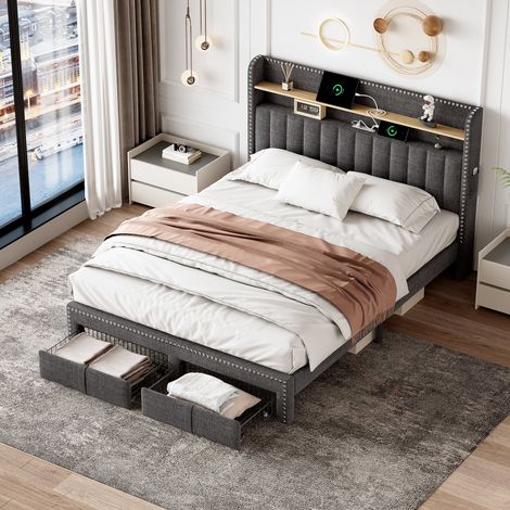 4FT6 Double Upholstered Bed with 2 Storage Drawers, Riveted Storage Bed with Charging and Lighting, Linen Platform Bed Frame, Grey (No Mattress)