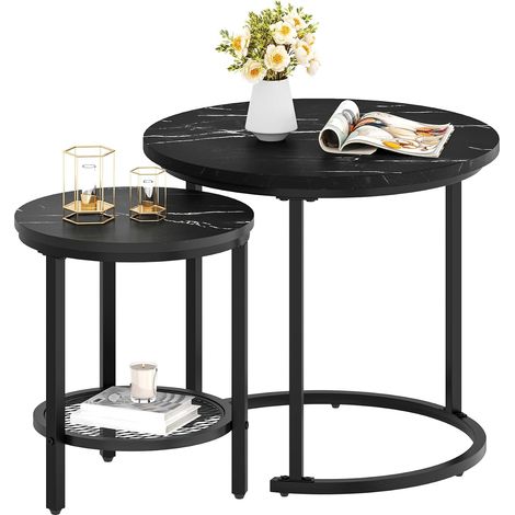 Duo de tables basses rondes gigognes en bois – Tables d’appoint avec piètement métallique et espaces de rangement (1/5)