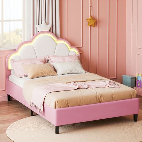 Erwachsenenbett 140x200 cm, 2 Personen, mit LED, Krone, höhenverstellbarem Kopfteil, Lattenrost aus Holz, Prinzessinnenbett aus Velours - Rosa