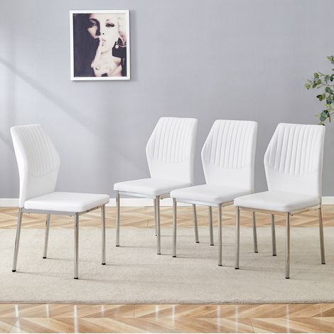Set di 4 sedie da pranzo in ecopelle e metallo con schienale e gambe in metallo, bianco e argento (1/5)
