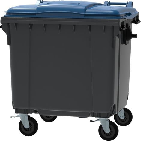 ESE France Conteneur Poubelle à déchets 4 roues - 1100L - Robuste et Professionnel - 100% Recyclé - Gris avec Couvercle Bleu (1/5)