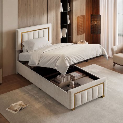 lit coffre 90x200, Lit simple, Sommier Inclus, avec levier hydraulique, Cadre de Lit, Lit Rembourré, Chambre moderne, velours, Beige (1/5)