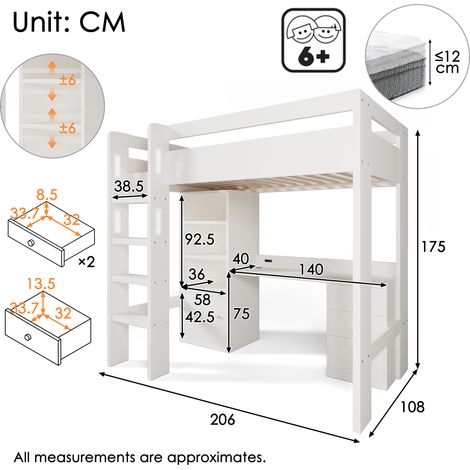 Lit mezzanine enfant 90×200cm,bureau USB‑C,armoire,classeur,escalier,base à lattes,rangement sans matelas