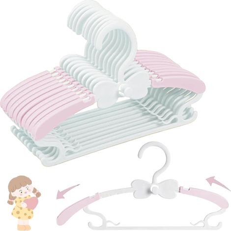 Kinderkleiderbügel aus Kunststoff, 28–37 cm, 20er-Packung, stapelbar, rutschfest und ausziehbar, geeignet für Kinder- und Babykleidung – platzsparend – rosa und weiß