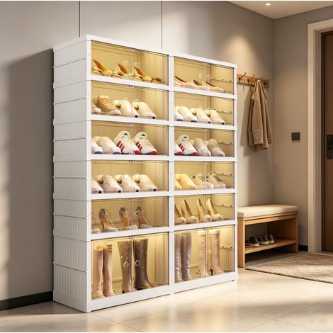 MODFU – Zapatero plegable de 6 niveles de PP para 24 pares, puerta magnética, ruedas y compartimento para botas – Blanco (1/5)
