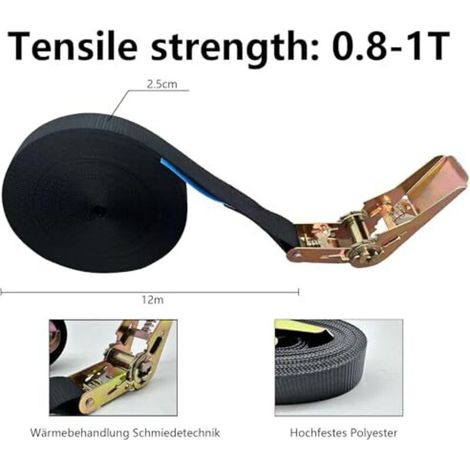 2 Pièces 12m Sangle d'Arrimage, Sangle à Cliquet avec Boucle de Serrage, 1000KG Sangle de Fixation,Largeur de Sangle 25 mm,Sangle à cliquet avec cliquet pour Fixation Voiture,Moto, No