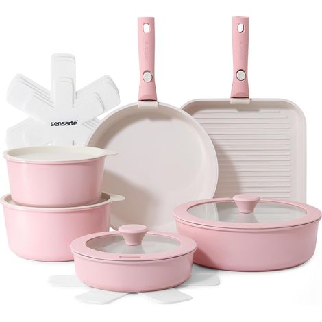 SENSARTE Batterie de Cuisine 17 Pièces Tous Feux Compatible Induction Revêtement antiadhésif en céramique, casseroles et poêles, poignées amovibles, empilable, compatible lave-vaisselle/four (1/5)