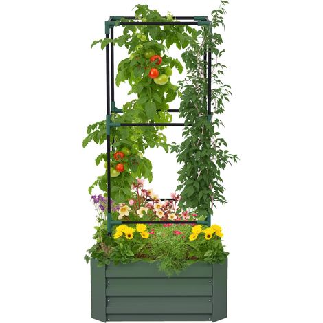 Hochbeet mit Rankgitter Pflankasten mit Rankhilfe, offener Boden, wetterbeständig, 61 cm x 61 cm x 140 cm, Grün