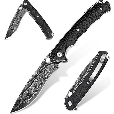 Klappmesser Damast VG-10 Stahl mit Ebenholzgriff, Einhandmesser für Outdoor & Sammlung