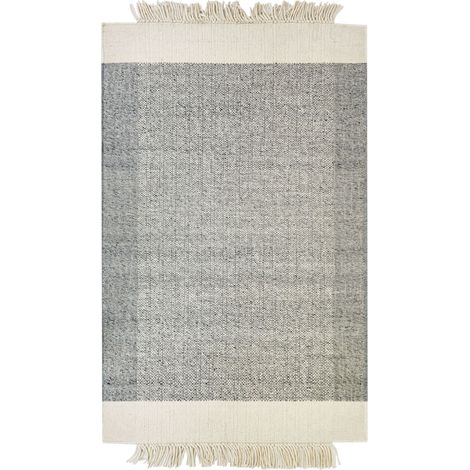Tapis Gris et Blanc Cassé en Laine 140 x 200 cm avec Franges Fait Main Doux Tatlisu