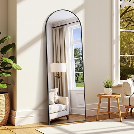 Miroir sur Pied 161 x 52 cm, Grand Miroir Arqué en Pleine Longueur avec Cadre en Aluminium Noir, Miroir Mural sur Pied pour Salle de Bain, Chambre à Coucher, Entrée, Couloir, Vanité (1/5)