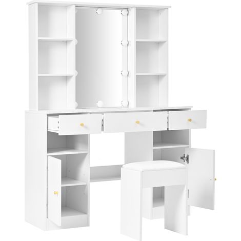 Coiffeuse en panneaux de particules blanc 110x40x151 cm avec miroir et éclairage LED réglable, rangements (1/5)