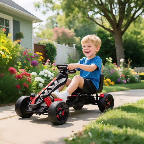 Go-kart enfant rouge à pédales avec frein, cadre en métal, pneus antidérapants, pour 3-6 ans