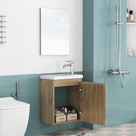 Hängender Badschrank 45 x 34 x 58 cm in Eichenoptik mit Keramikwaschbecken und Spiegel (1/5)