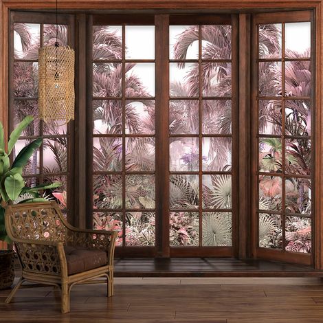 Papier peint panoramique Trompe l'oeil Fenêtre en bois - Forêt Tropicale - 130 cm x 104 cm (1/5)