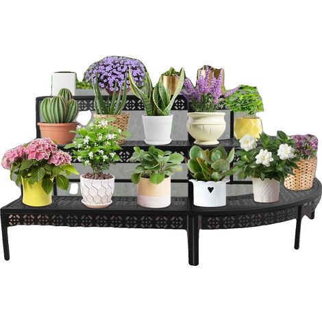 Soporte para plantas de 3 niveles, construcción robusta de hierro, color negro. (1/2)