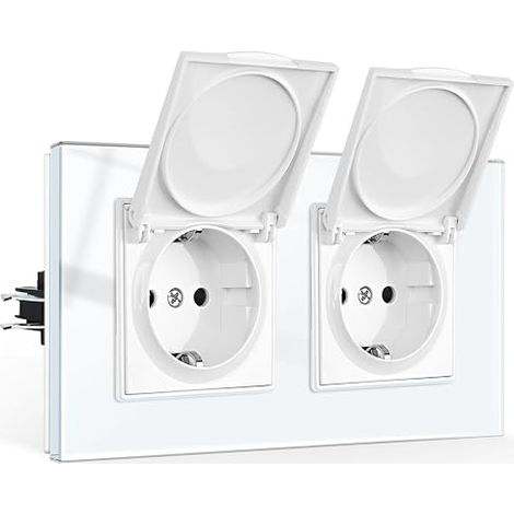 Waterproof double socket with flip cover, flush mount socket with claws, double socket with cover, protective contact, wall socket made of glass, white, 1 compartment, 16 A (1/5)