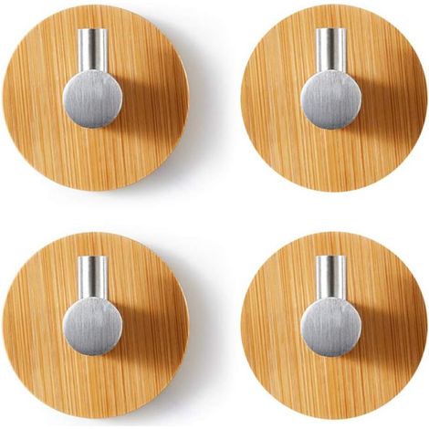 Crochets muraux en bois et bambou, lot de 4 crochets adhésifs. Crochets pour peignoirs en bois, acier inoxydable et bambou. Installation sans perçage. (1/5)