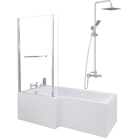 1700mm Bathroom L Shaped Bath Mixer Shower Screen LH White with Front Panel (1/5)