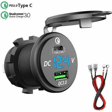 Chargeur rapide USB C voiture 12V/24V QC 3.0 64W double prise étanche – LED voltmètre – Compatible smartphones et tablettes USB-C (1/5)