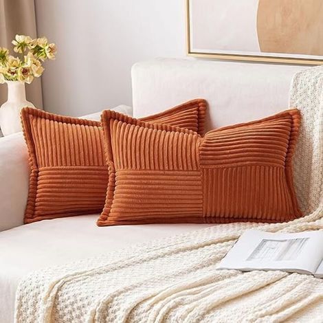 Taie d'oreiller lombaire style bohème rouge rouille, 12 x 20 pouces, ensemble de 2 pièces, velours côtelé doux, patchwork rayé, convient aux oreillers lombaires standard. (1/5)