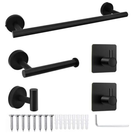 5 Pieces Bathroom Hardware Accessories Set Towel Rack Paper Holder Hook Adhesive Hook Multifunction Bathroom Set Black (1/4)