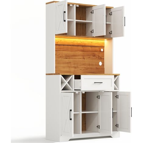 Credenza cucina alta con LED RGB, portabottiglie e vetrina 105 x 40 x 180 cm, MDF, bianco naturale (1/5)