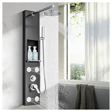 Colonne de douche thermostatique, système 3 fonctions 3 en 1 avec pommeau de douche, poignée et 4 jets corporels avec étagère (noir) (1/5)