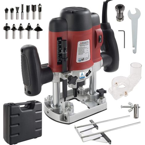 Arebos – Défonceuse à bois 1200W – Vitesse 11000-30000 tr/min – Profondeur de fraisage 55 mm – Mallette avec 12 mèches 6/8 mm