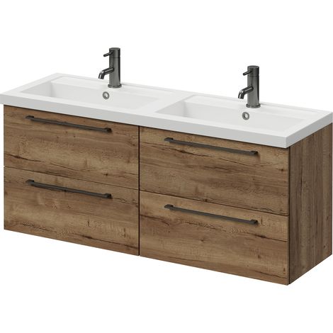 Napoli 390 Tobacco Oak 1200mm Wall Mounted 4 Drawer Vanity Unit with Double Lucia Basins - 1200mm - Gunmetal Grey 320mm Handle