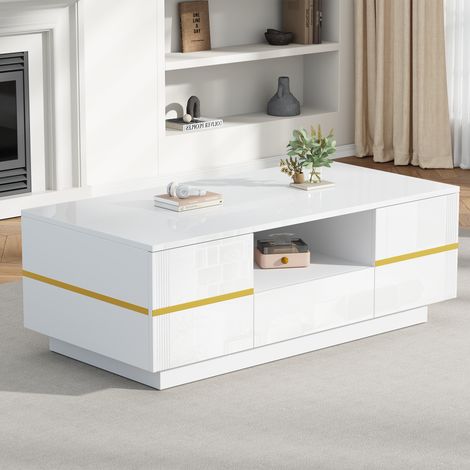 Table basse salon 100x50x35,5 cm avec LED, 2 portes, tiroir et étagère ouverte, meuble de rangement design brillant avec détails dorés, MDF - Blanc (1/5)