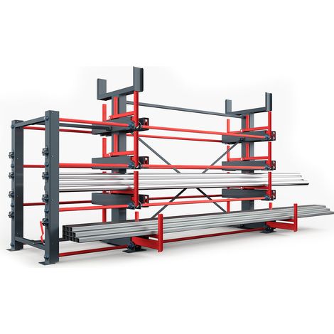 RR Industrietechnik Roll-Aus-Regal doppelseitig Typ RRS-DM mit 760mm Nutztiefe, 5 Ebenen und 2000kg Traglast pro Arm